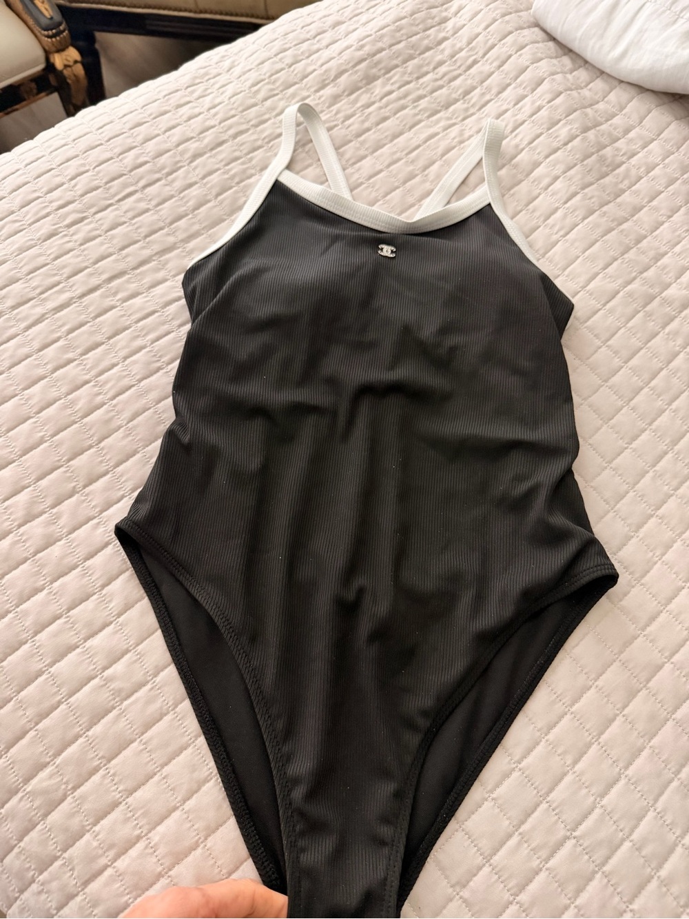 Black One-Piece Swimsuit with White Trim
